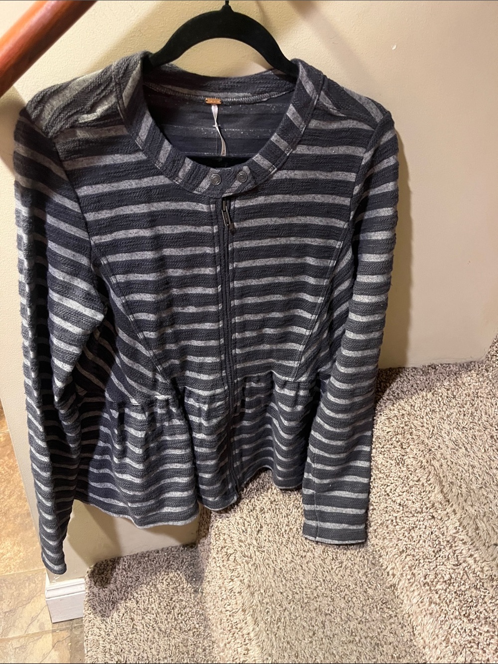 Free People Charcoal & Light Gray Striped Zip Peplum Jacket